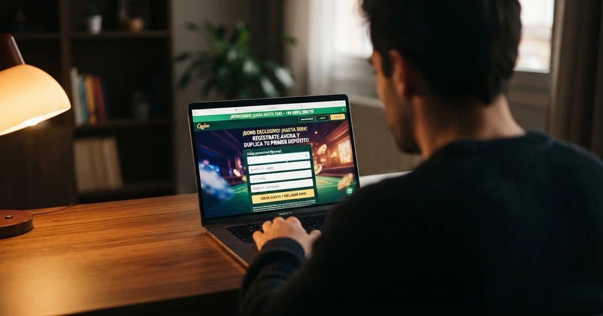 Un jugador tecleando un código promocional en la pantalla de promociones de un casino online español, con el dominio .es visible en la barra del navegador