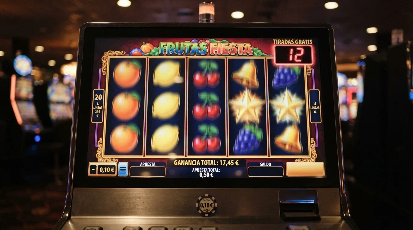 Una ruleta de slot con el contador de giros gratis activo, junto a una ficha con el valor por giro y el juego asociado